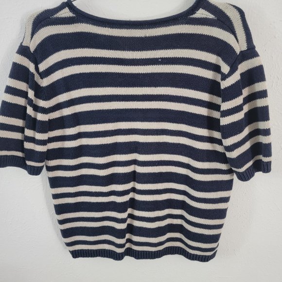Striped Navy Cream Knit Sweater Short Sleeve Shirt - Picture 2 of 3